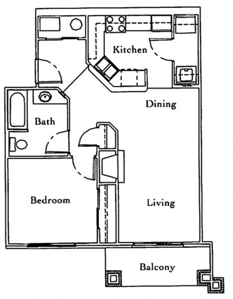 Floor plan for 1 bed, 1 bath, 703 sqft